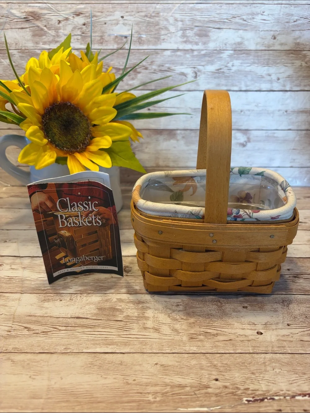Longaberger Salt Pepper Basket 12044  with Floral Liner & Plastic Protector